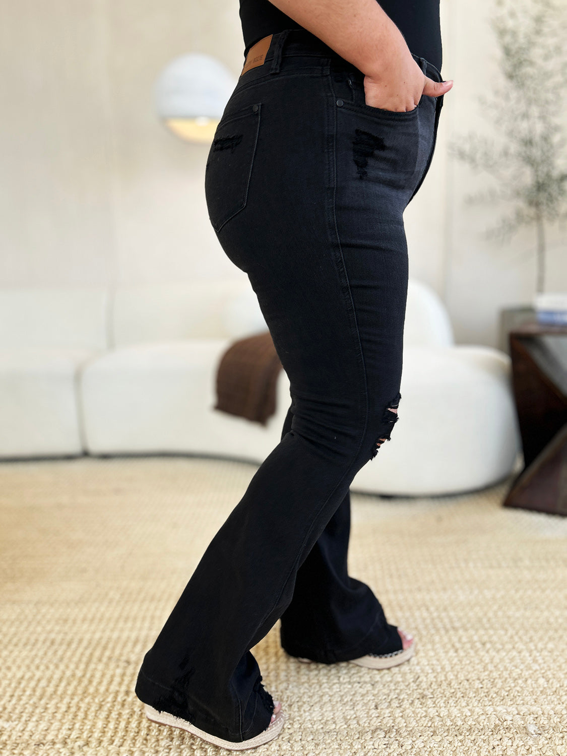 Waist Distressed Flare Jeans