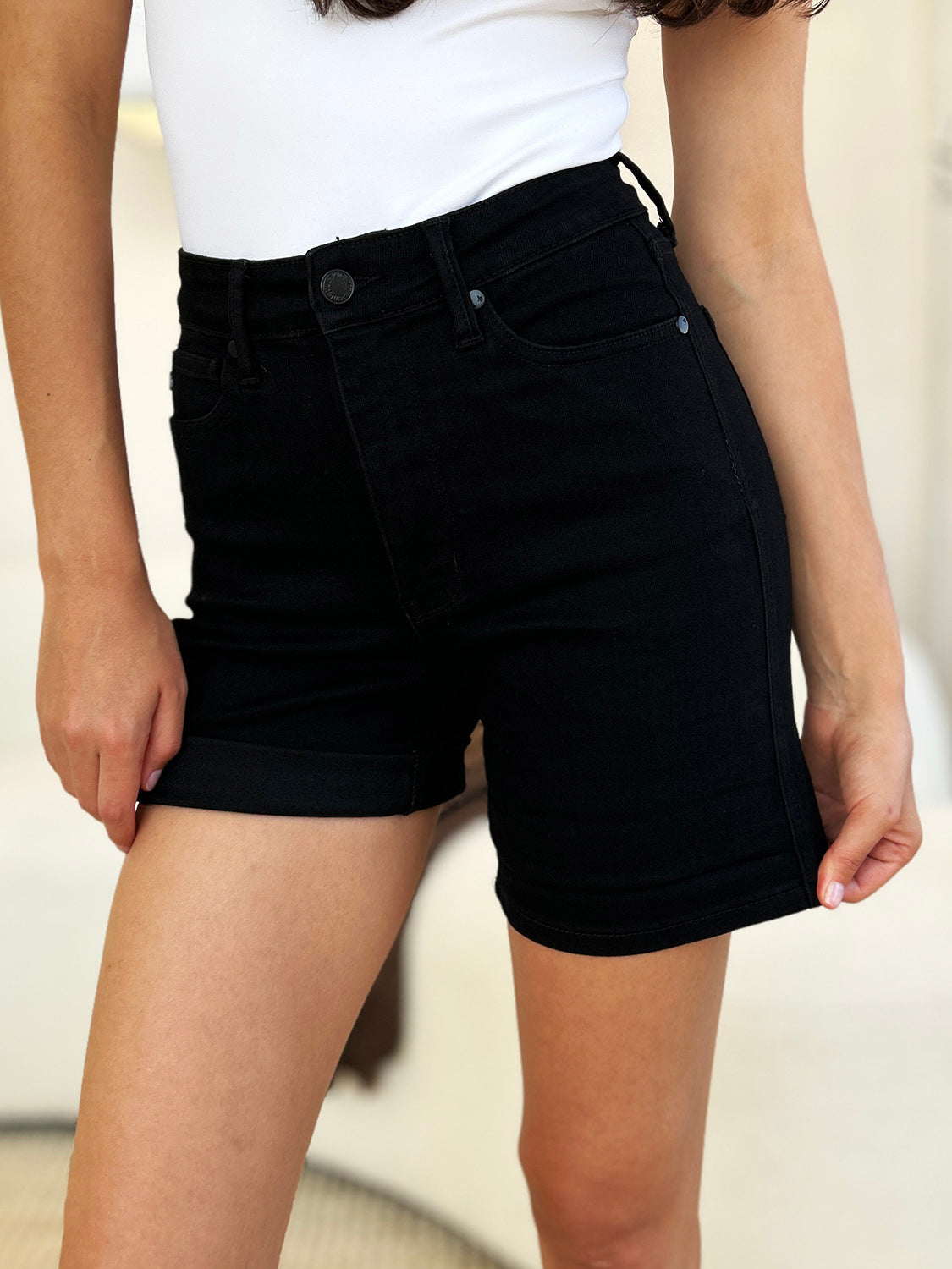 High Waist Tummy Control Cuffed Denim Shorts