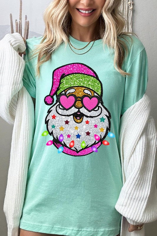 DIGITALLY PRINTED GLITTER SANTA CLAUS UNISEX SHORT SLEEVE,GRAPHIC TEE