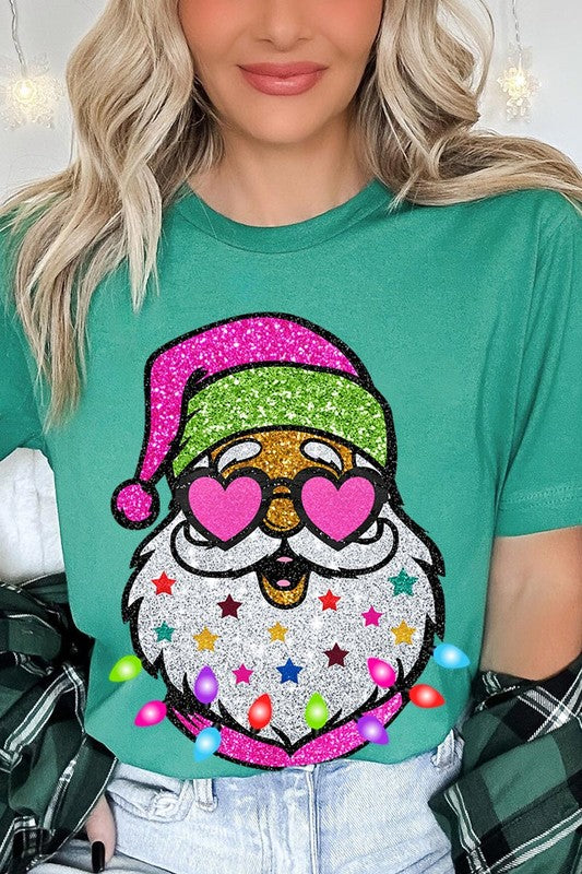 DIGITALLY PRINTED GLITTER SANTA CLAUS UNISEX SHORT SLEEVE,GRAPHIC TEE