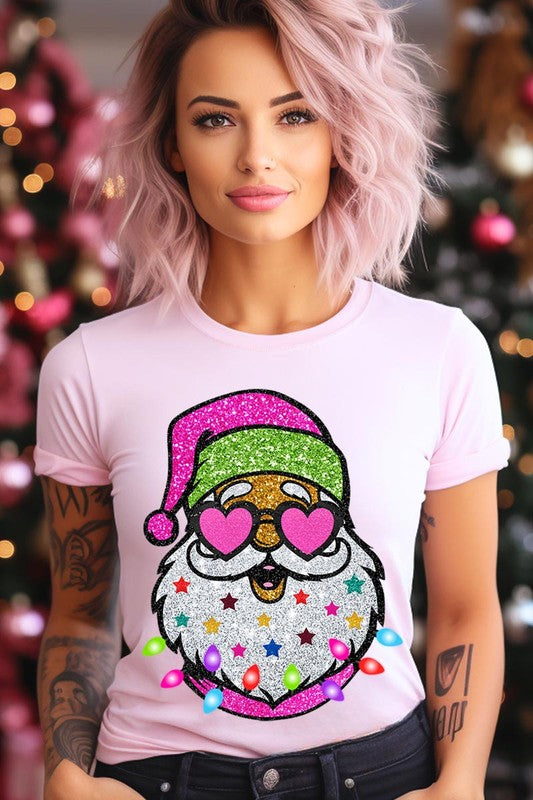 DIGITALLY PRINTED GLITTER SANTA CLAUS UNISEX SHORT SLEEVE,GRAPHIC TEE