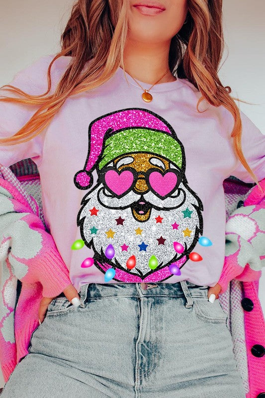 DIGITALLY PRINTED GLITTER SANTA CLAUS UNISEX SHORT SLEEVE,GRAPHIC TEE