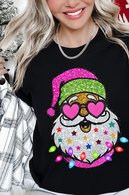 DIGITALLY PRINTED GLITTER SANTA CLAUS UNISEX SHORT SLEEVE,GRAPHIC TEE