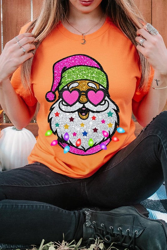 DIGITALLY PRINTED GLITTER SANTA CLAUS UNISEX SHORT SLEEVE,GRAPHIC TEE