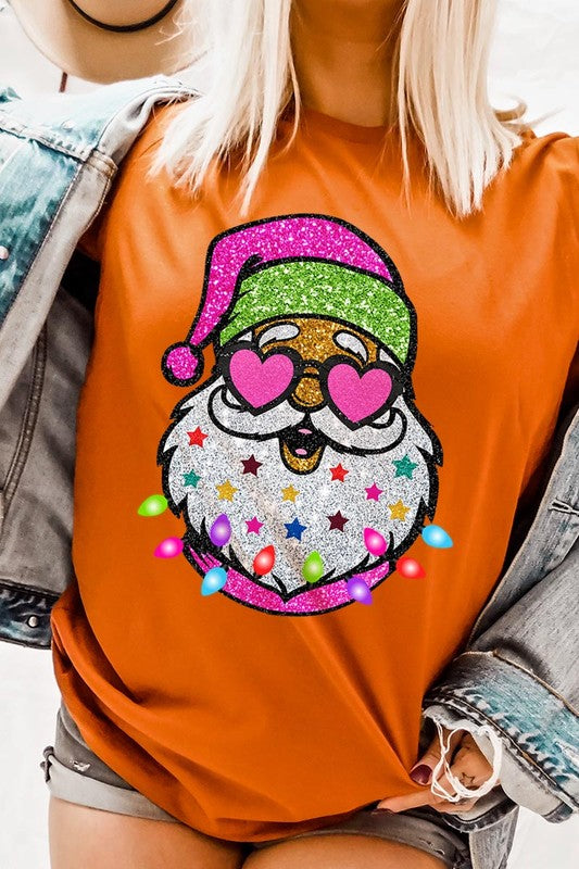 DIGITALLY PRINTED GLITTER SANTA CLAUS UNISEX SHORT SLEEVE,GRAPHIC TEE