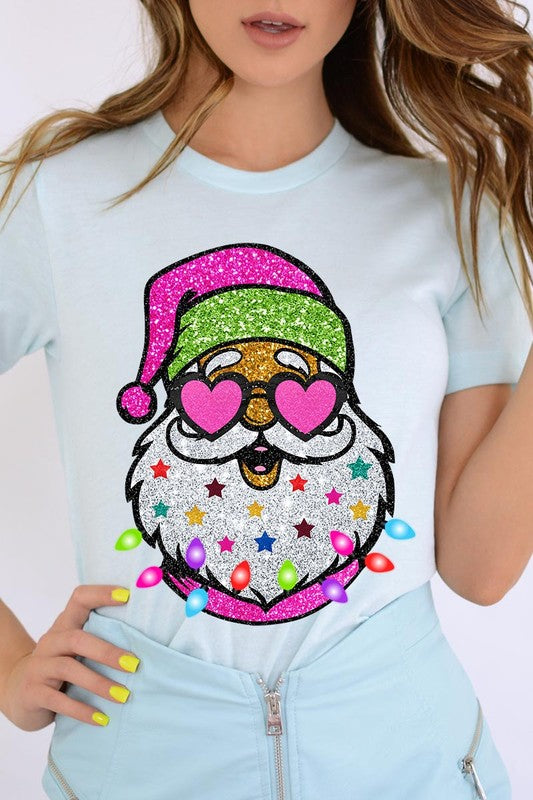 DIGITALLY PRINTED GLITTER SANTA CLAUS UNISEX SHORT SLEEVE,GRAPHIC TEE
