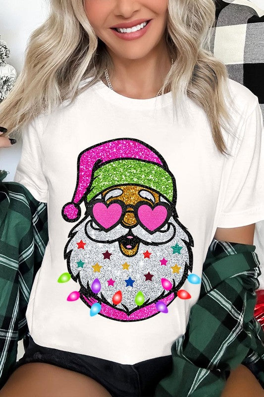 DIGITALLY PRINTED GLITTER SANTA CLAUS UNISEX SHORT SLEEVE,GRAPHIC TEE