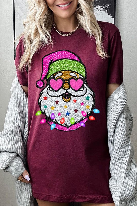 DIGITALLY PRINTED GLITTER SANTA CLAUS UNISEX SHORT SLEEVE,GRAPHIC TEE