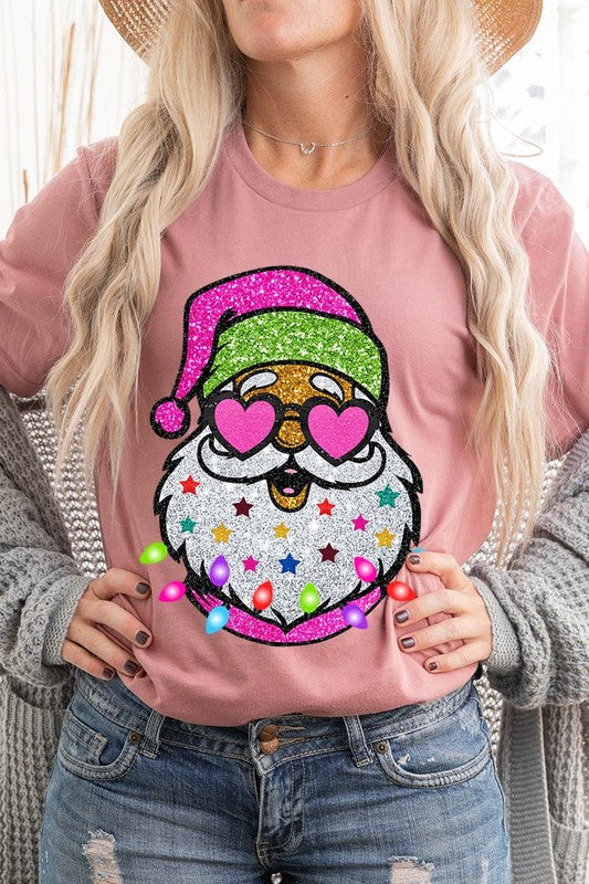 DIGITALLY PRINTED GLITTER SANTA CLAUS UNISEX SHORT SLEEVE,GRAPHIC TEE