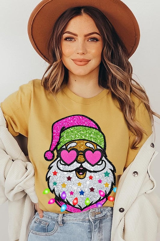 DIGITALLY PRINTED GLITTER SANTA CLAUS UNISEX SHORT SLEEVE,GRAPHIC TEE