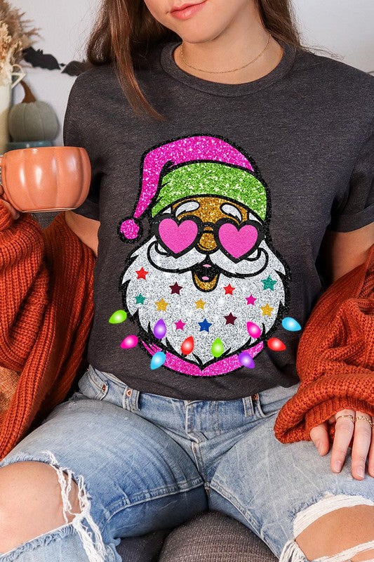 DIGITALLY PRINTED GLITTER SANTA CLAUS UNISEX SHORT SLEEVE,GRAPHIC TEE