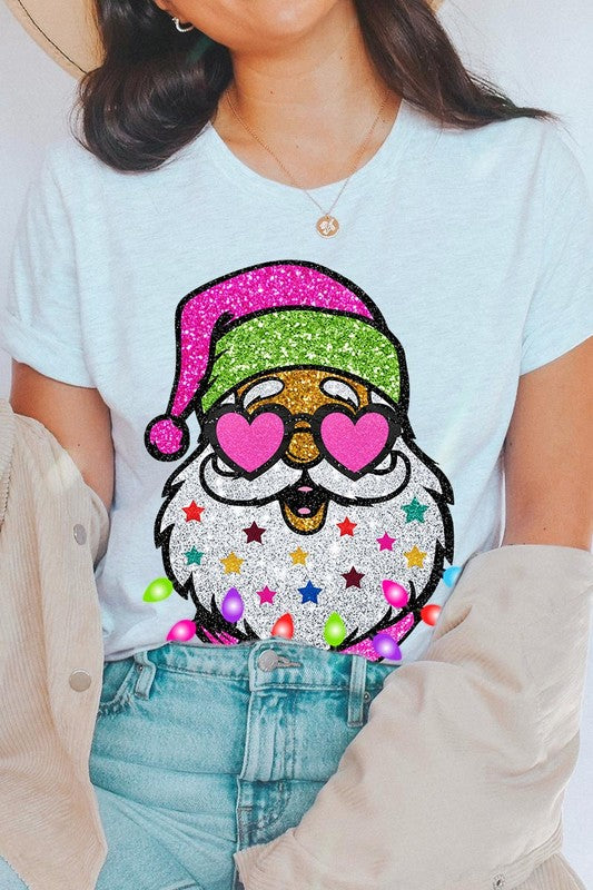 DIGITALLY PRINTED GLITTER SANTA CLAUS UNISEX SHORT SLEEVE,GRAPHIC TEE