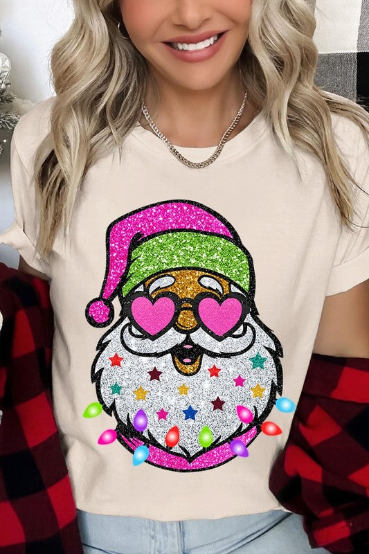DIGITALLY PRINTED GLITTER SANTA CLAUS UNISEX SHORT SLEEVE,GRAPHIC TEE