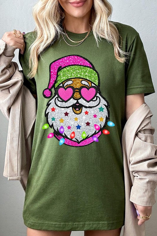 DIGITALLY PRINTED GLITTER SANTA CLAUS UNISEX SHORT SLEEVE,GRAPHIC TEE