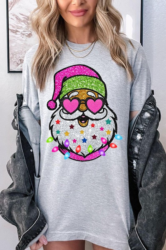 DIGITALLY PRINTED GLITTER SANTA CLAUS UNISEX SHORT SLEEVE,GRAPHIC TEE