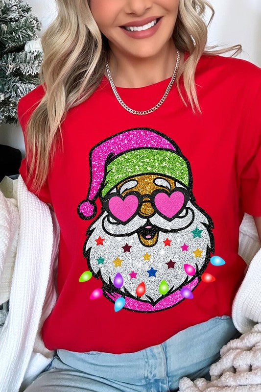 DIGITALLY PRINTED GLITTER SANTA CLAUS UNISEX SHORT SLEEVE,GRAPHIC TEE