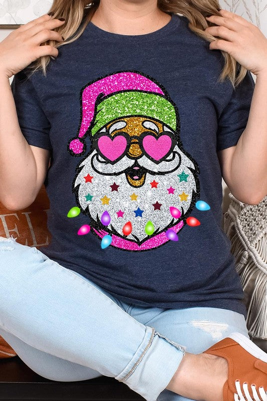 DIGITALLY PRINTED GLITTER SANTA CLAUS UNISEX SHORT SLEEVE,GRAPHIC TEE