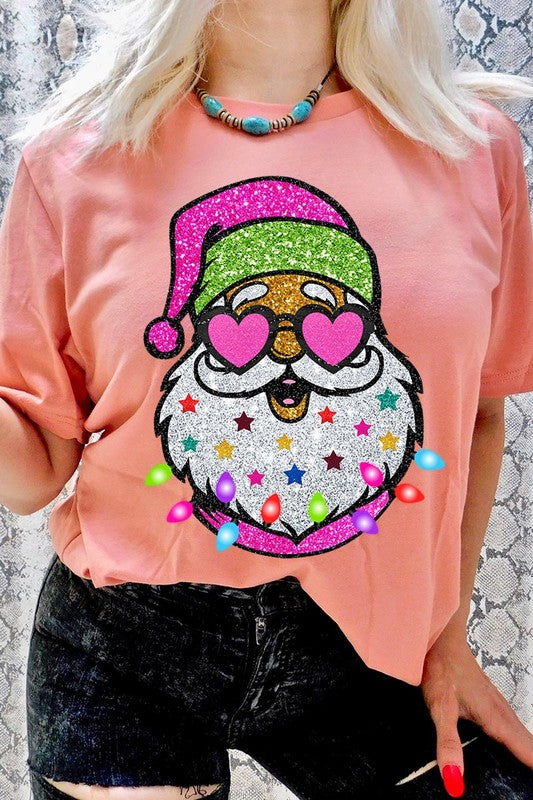 DIGITALLY PRINTED GLITTER SANTA CLAUS UNISEX SHORT SLEEVE,GRAPHIC TEE