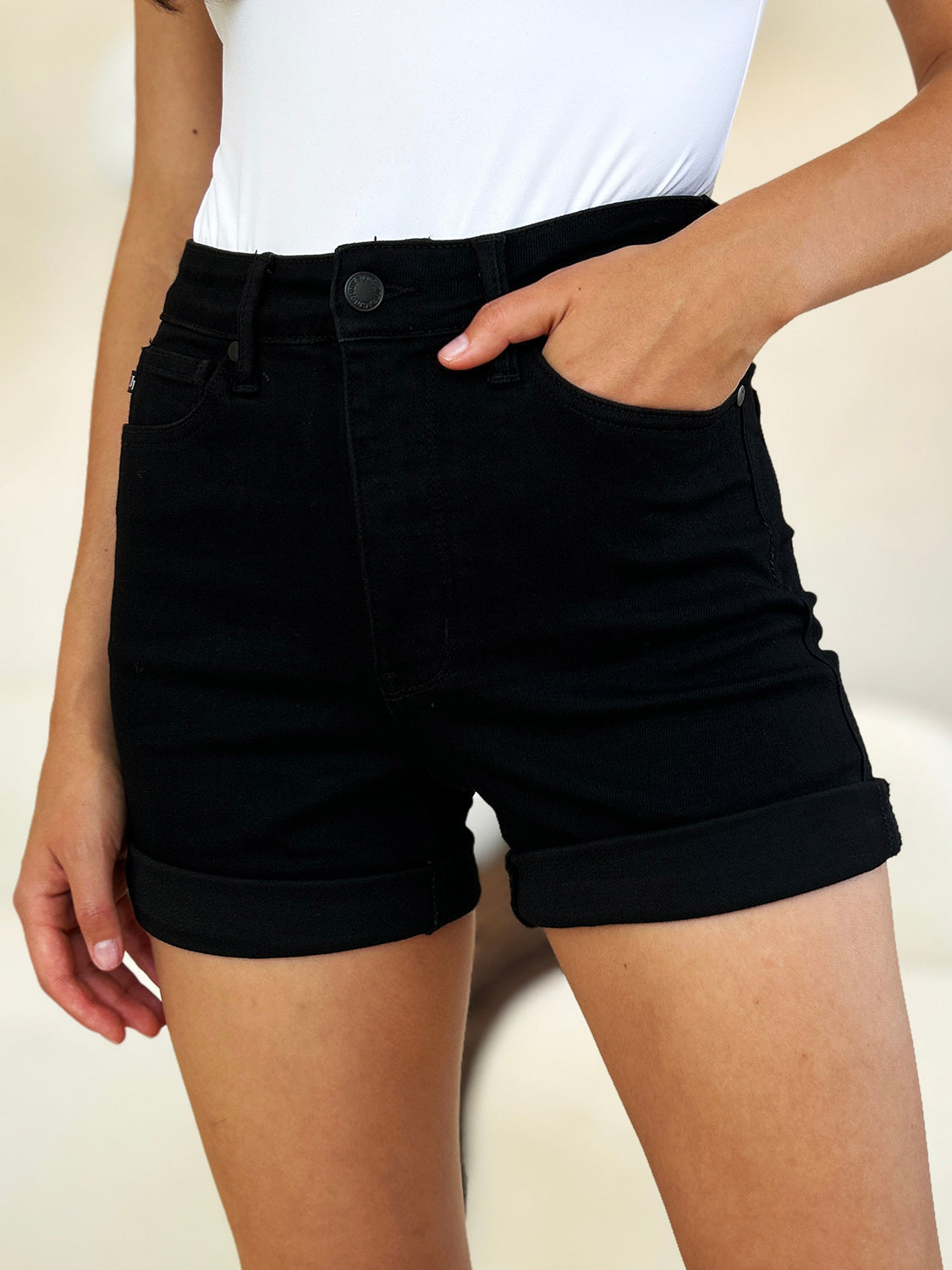 High Waist Tummy Control Cuffed Denim Shorts