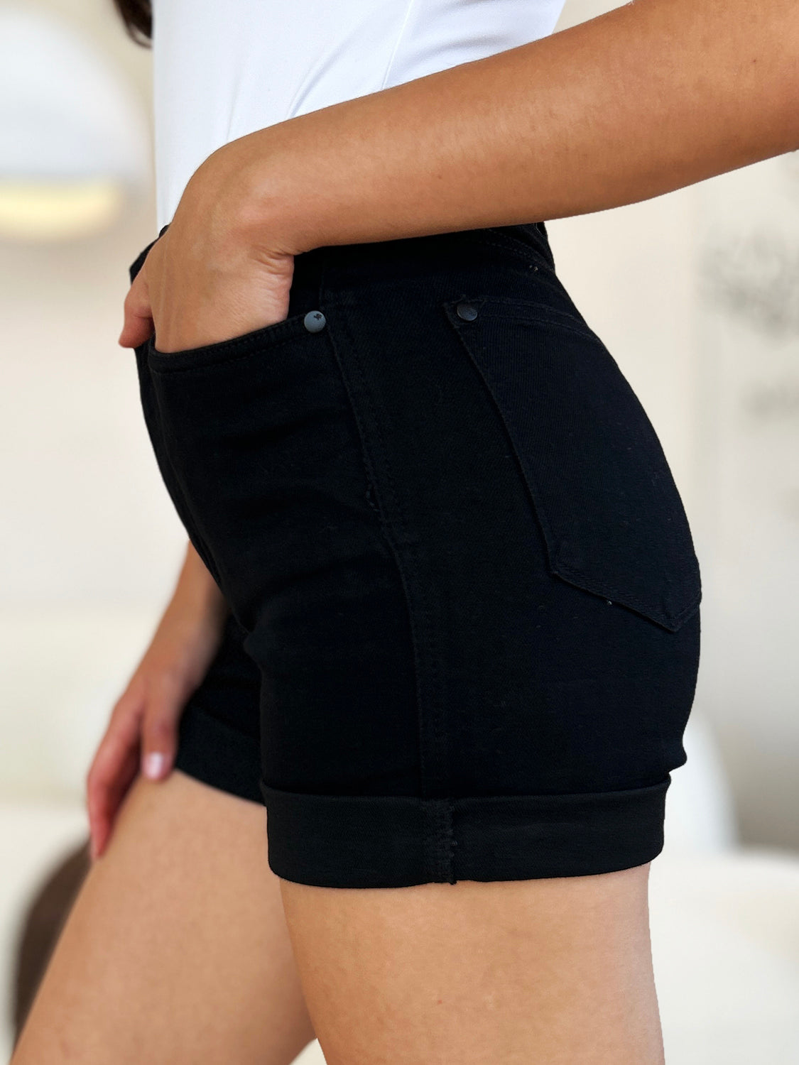 High Waist Tummy Control Cuffed Denim Shorts