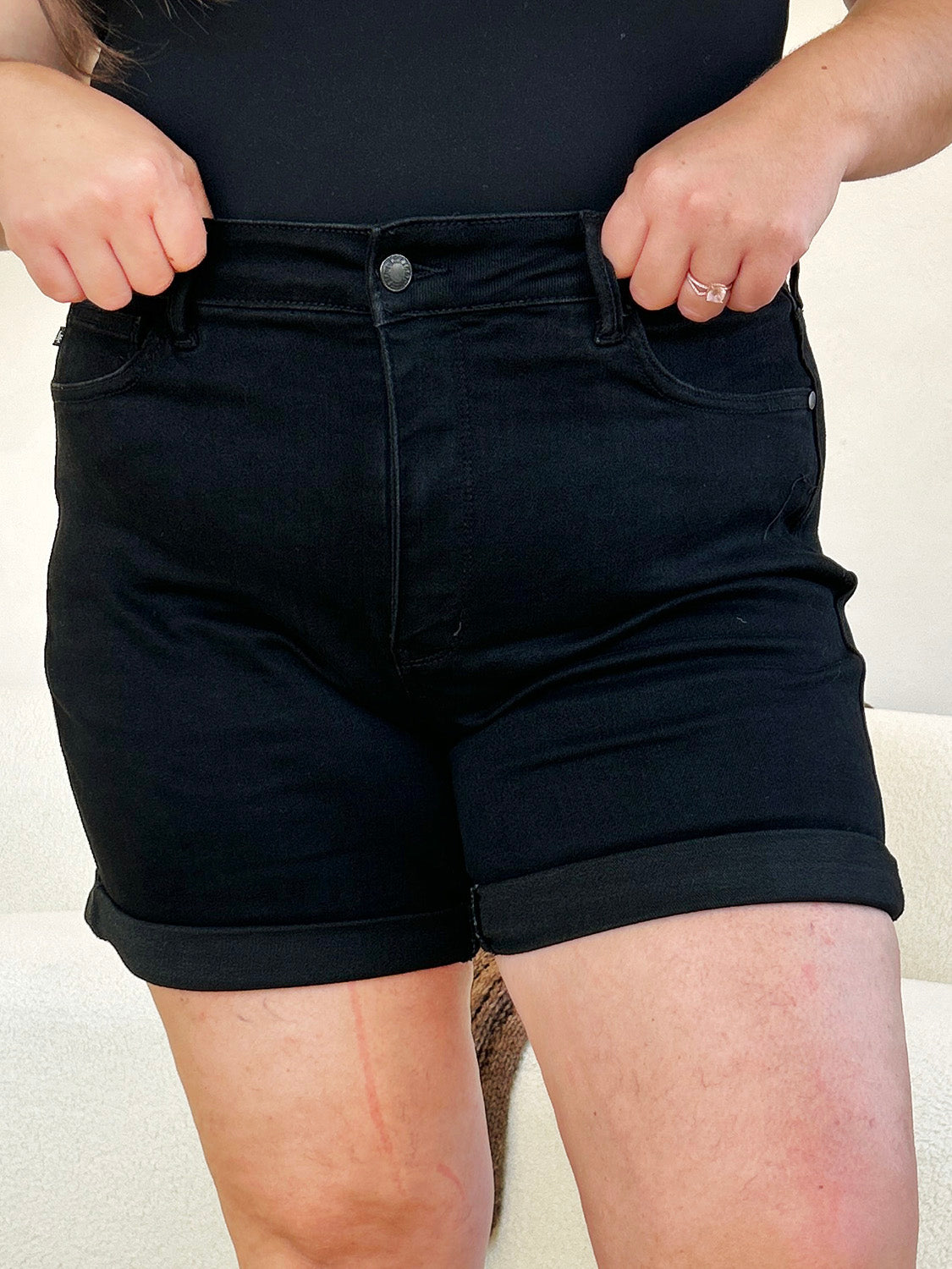 High Waist Tummy Control Cuffed Denim Shorts