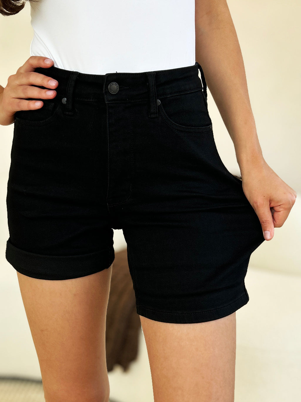 High Waist Tummy Control Cuffed Denim Shorts