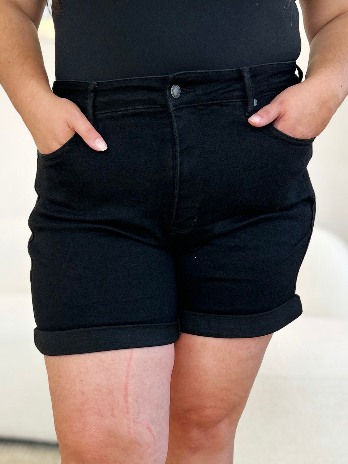 High Waist Tummy Control Cuffed Denim Shorts