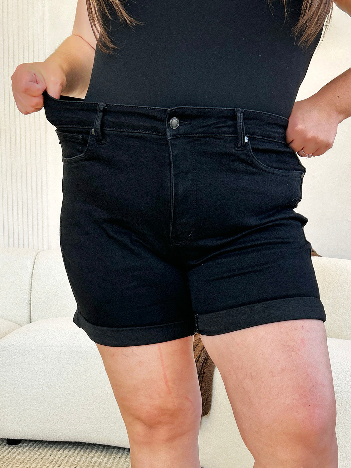 High Waist Tummy Control Cuffed Denim Shorts